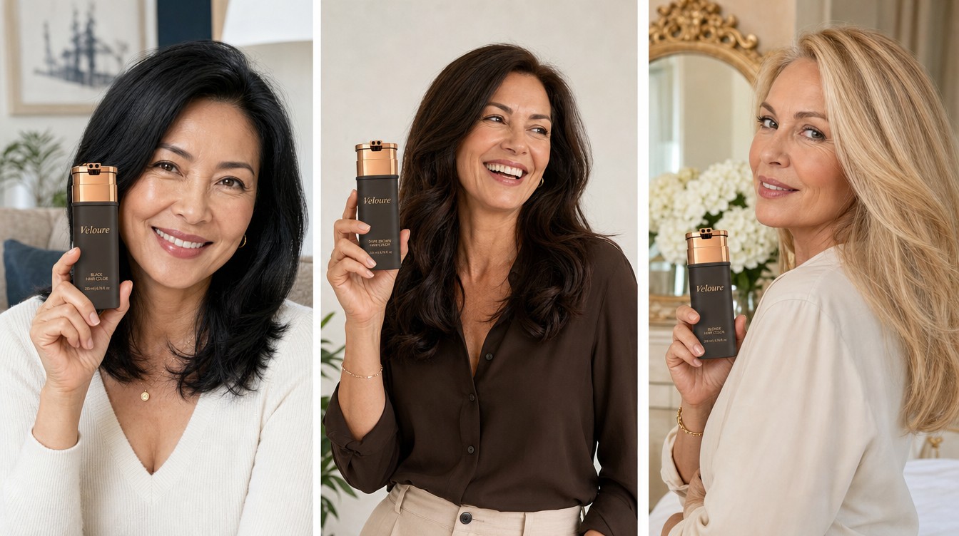 Three women holding Veloure hair color in black, dark brown and blonde